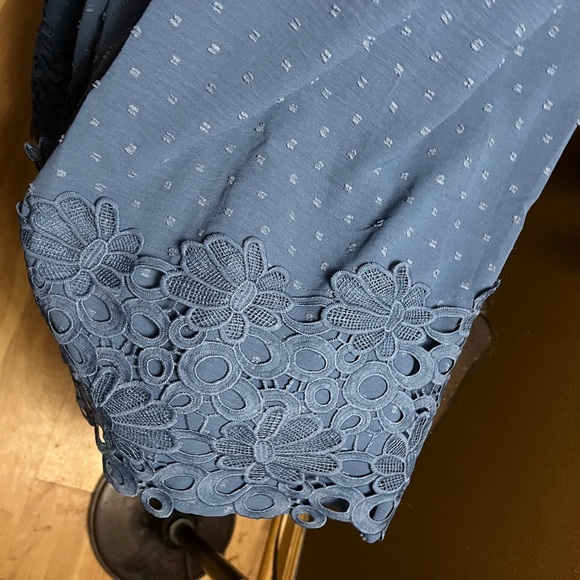 BloomChic steel blue dotted Swiss short sleeved, below knee dress w/crochet trim - Picture 4 of 8